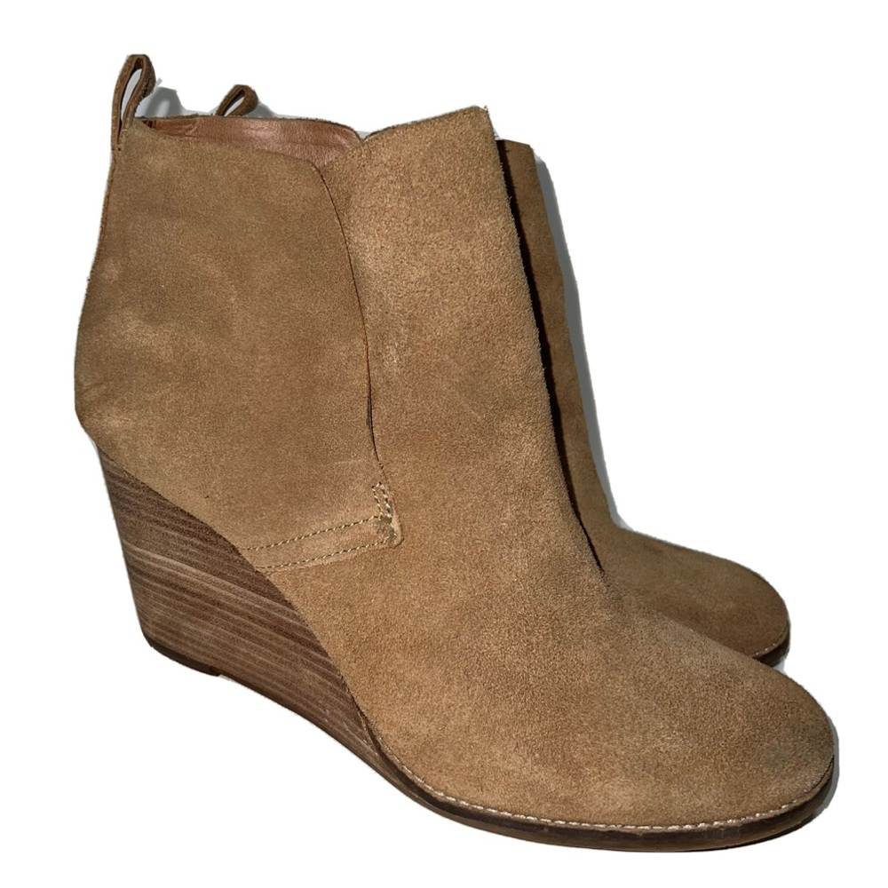 Lucky Brand Women's  Stacked Wedge Heel Ankle Bootie Leather Tan Size 10M